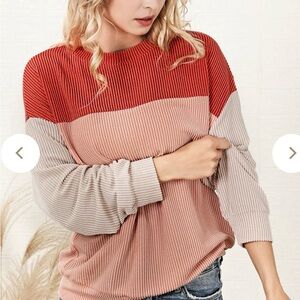 Chic Colorblock Ribbed Knit Sweater - Red and Pink